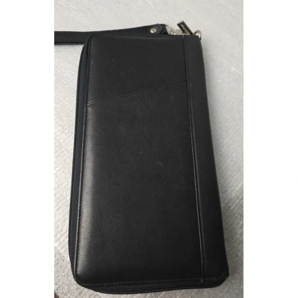 Brookstone Travel Wallet Soft Black Nappa Leather For Passport Air Tickets Cards